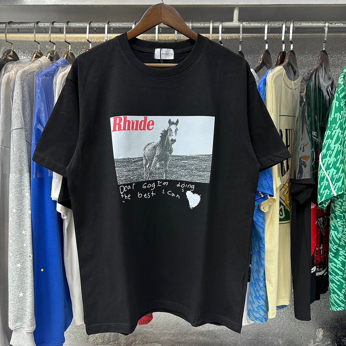 Rhude T-shirts Pentium Horse Printing Cotton Casual Short Sleeve Men and Women