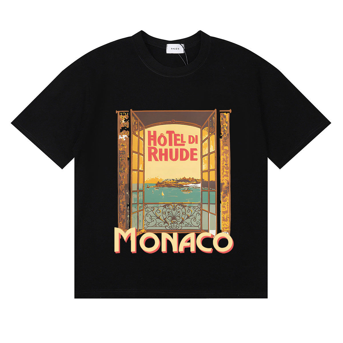 Rhude T-shirts Windowsill Seaview Printing Cotton Casual Short Sleeve Men and Women