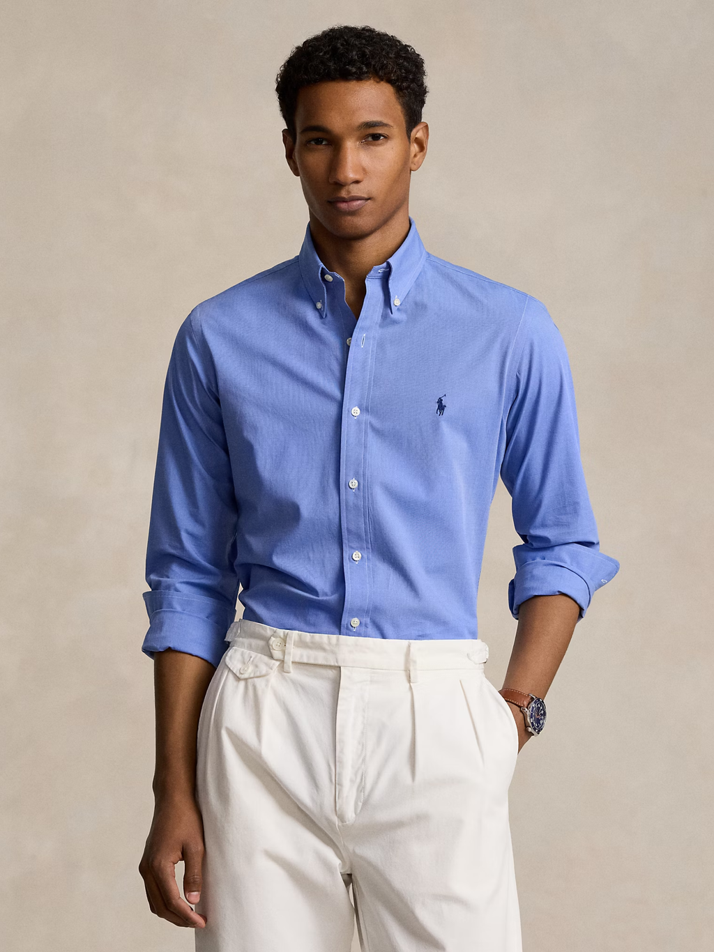 RALPH LAUREN Custom Fit Stretch Poplin Shirt Blue End On End