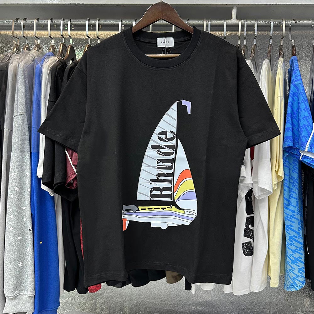 Rhude T-shirts Sailing Printed Cotton Casual Short Sleeves Men and Women
