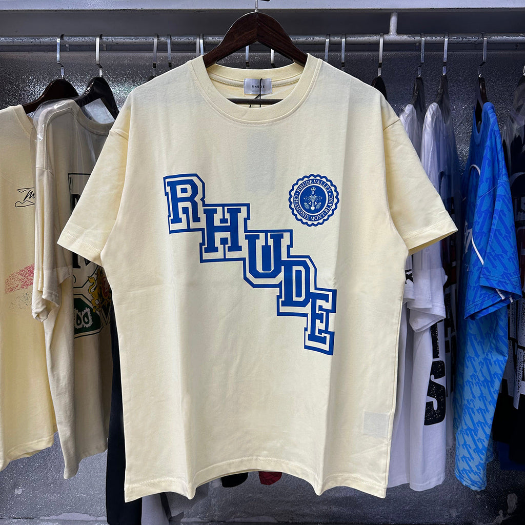 Rhude T-shirts College Badge Printed Cotton Casual Short Sleeve Men and Women