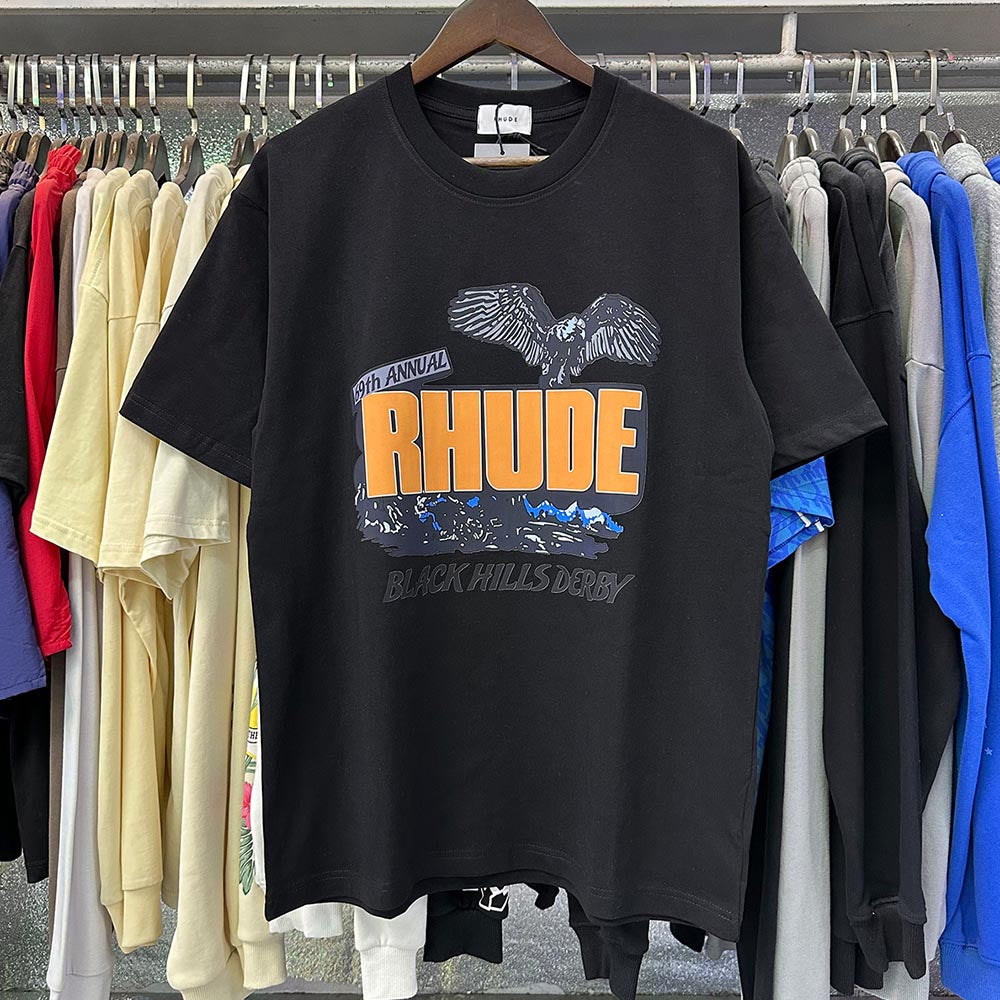 Rhude T-shirts Black Shadow Print Cotton Casual Short Sleeve Men and Women