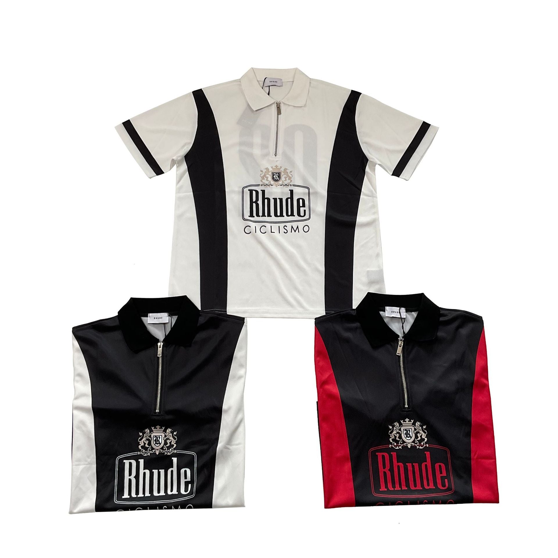 Rhude T-shirt Cross-border European and American trendy brand RHUDE badge letter half zipper mesh lapel short-sleeved T-shirt men's and women's high street polo shirt