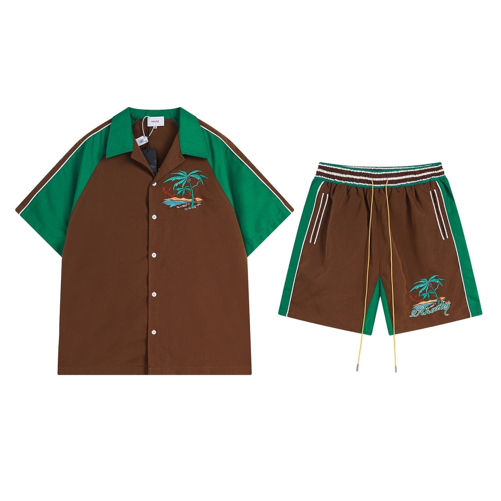 Rhude T-shirt Coconut Alphabet Beach Embroidery Short Sleeve Shirt Shorts