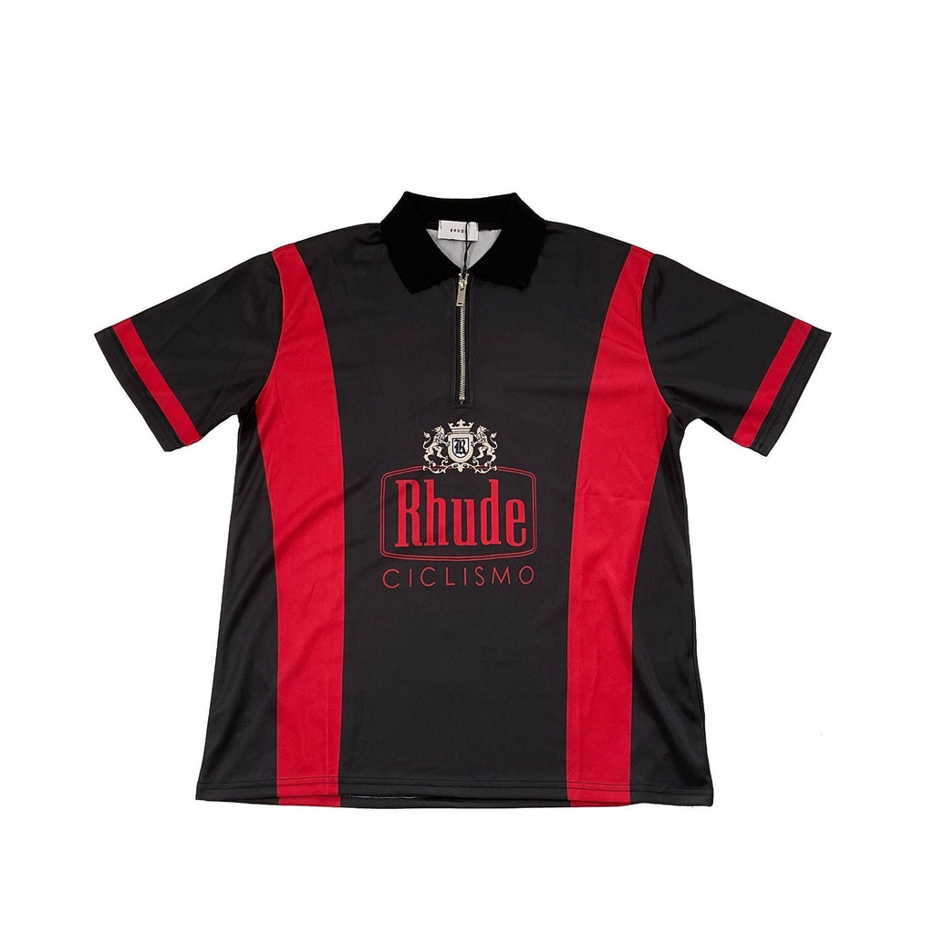 Rhude T-shirt Cross-border European and American trendy brand RHUDE badge letter half zipper mesh lapel short-sleeved T-shirt men's and women's high street polo shirt
