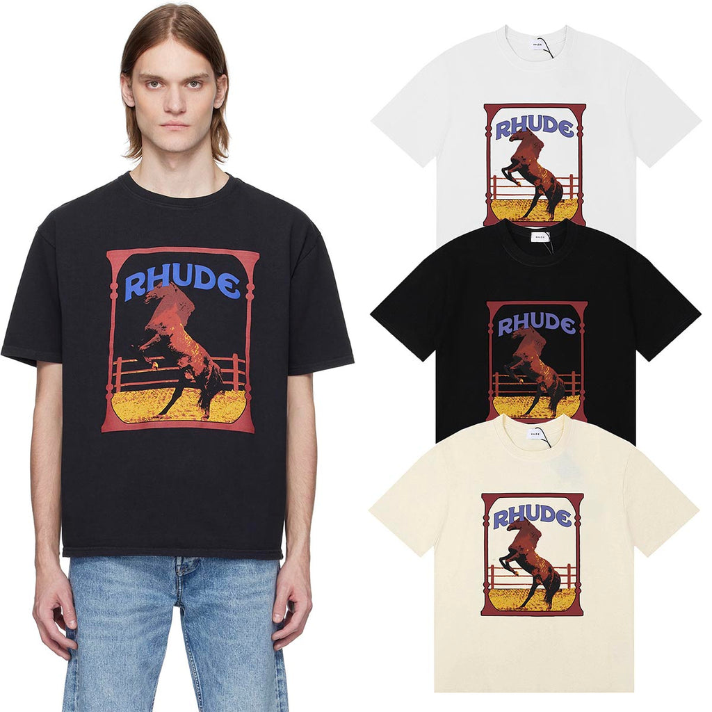 Rhude T-shirts Horse Frame Printing Cotton Casual Short Sleeve Men and Women