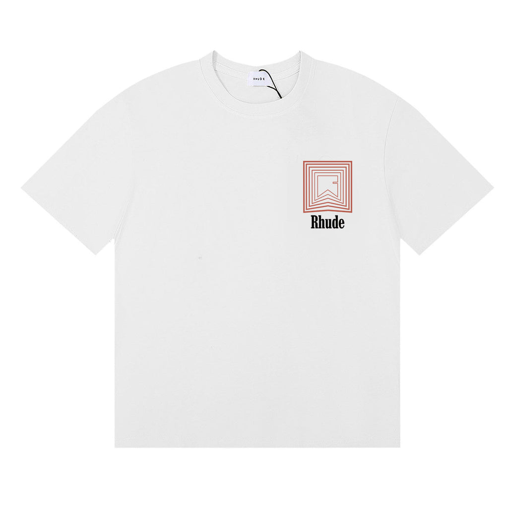 Rhude T-shirts Chevron Red Printed Cotton Casual Short Sleeve Men and Women