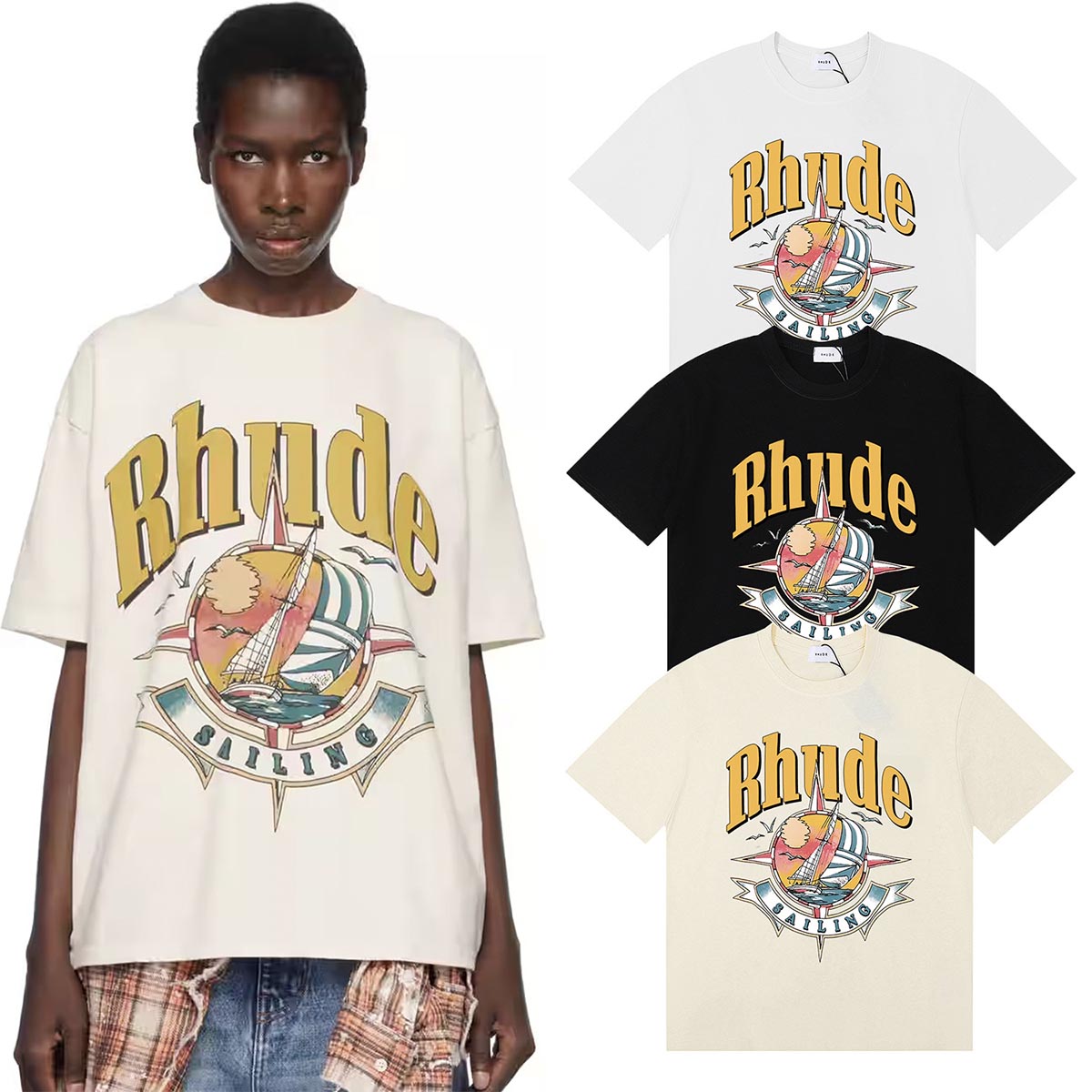 Rhude T-shirts Sailing Nautical Printing Cotton Casual Short Sleeves Men and Women
