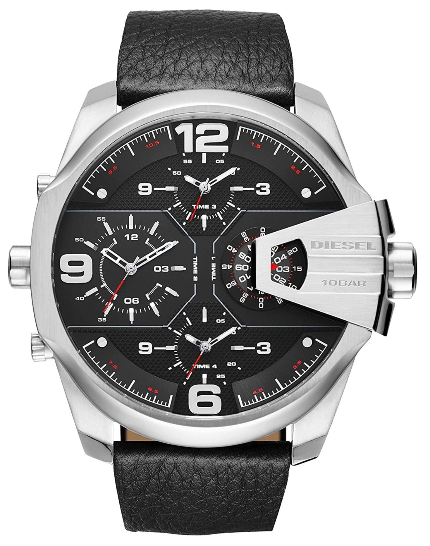 Diesel DZ7376 Uber Chief Oversized 4 - Time Men's Watch - Black Dial & Black Leather Strap