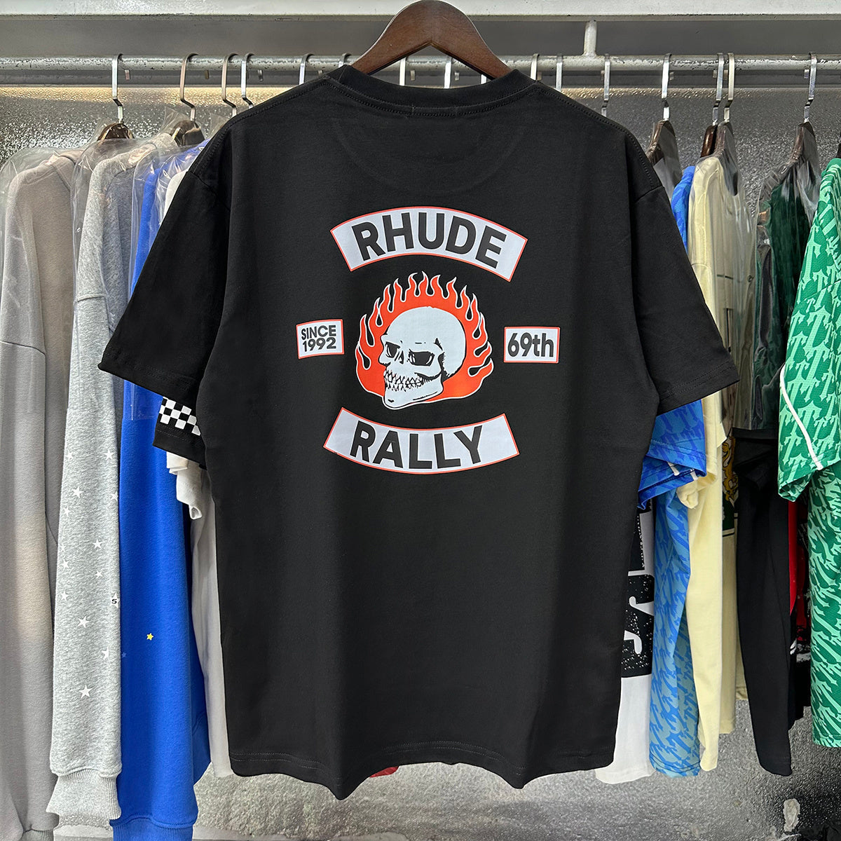 Rhude T-shirts Flame Death Knight Skull Print Cotton Casual Short Sleeve Men and Women