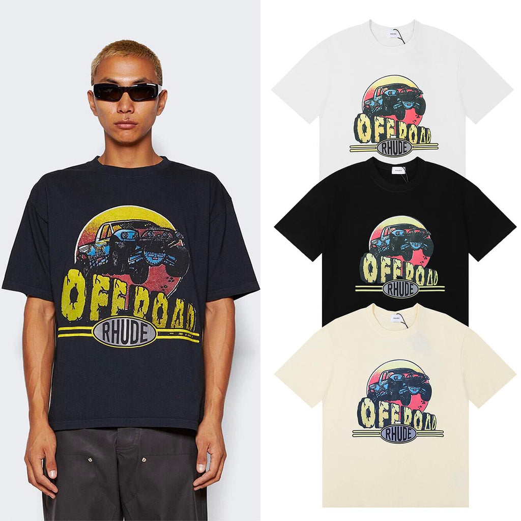 Rhude T-shirts Off-Road Vehicle Printed Cotton Casual Short Sleeve Men and Women