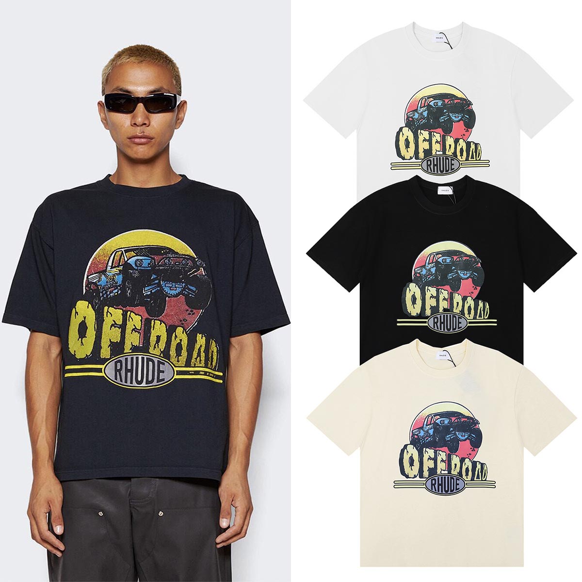 Rhude T-shirts Off-Road Vehicle Printed Cotton Casual Short Sleeve Men and Women