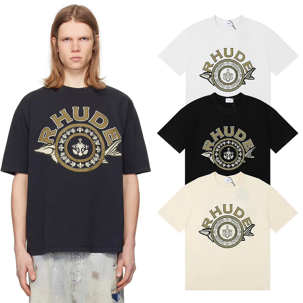 Rhude T-shirts Sturgeon Caviar Printed Cotton Short Sleeves Men and Women