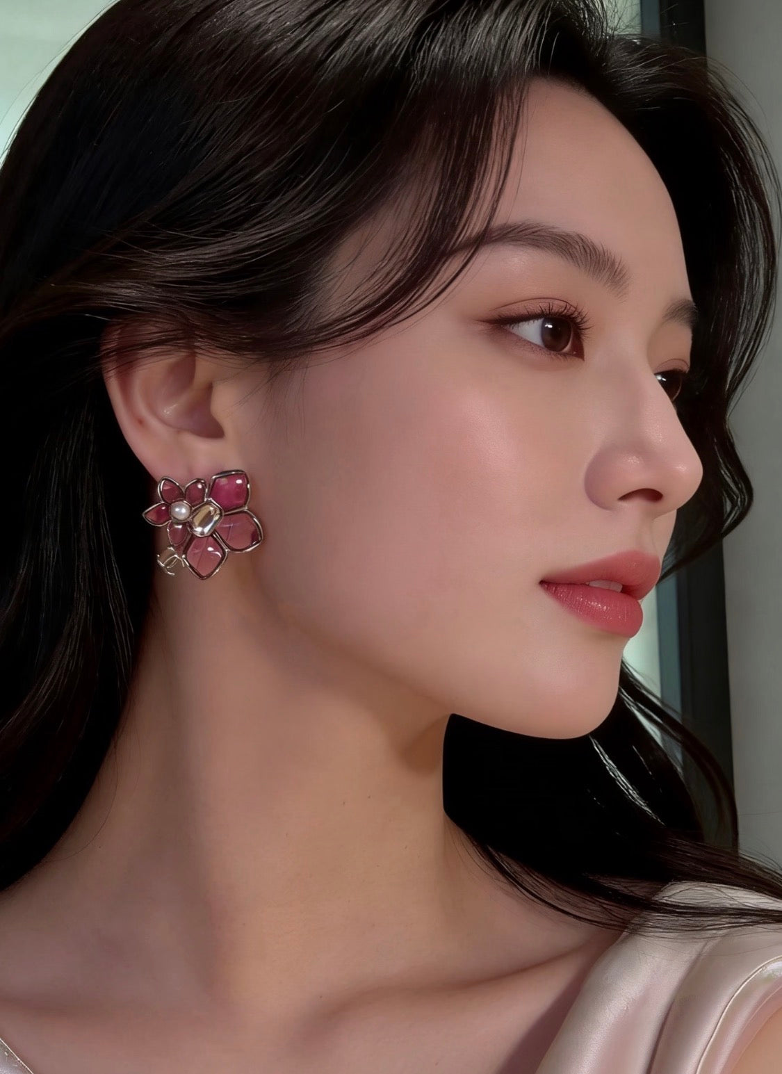 Chanel 2026 Double C Pink Asymmetrical Flower Stud Earrings