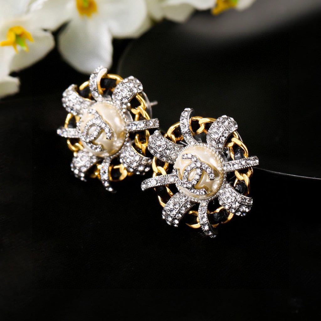 Chanel Mini Stud Silver Gold Black Diamond Earring