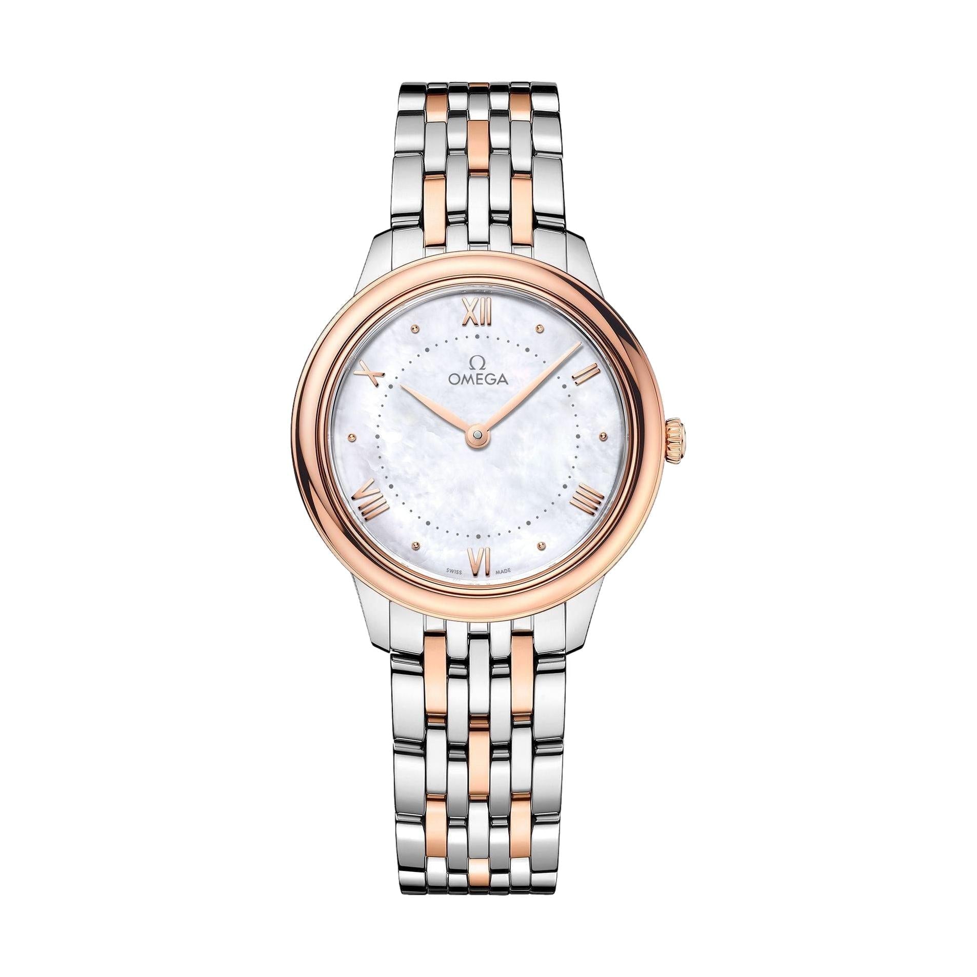 Omega De Ville Prestige Quartz Steel and Sedna Gold 30mm Watch - White, Mother - of - Pearl on Bracelet