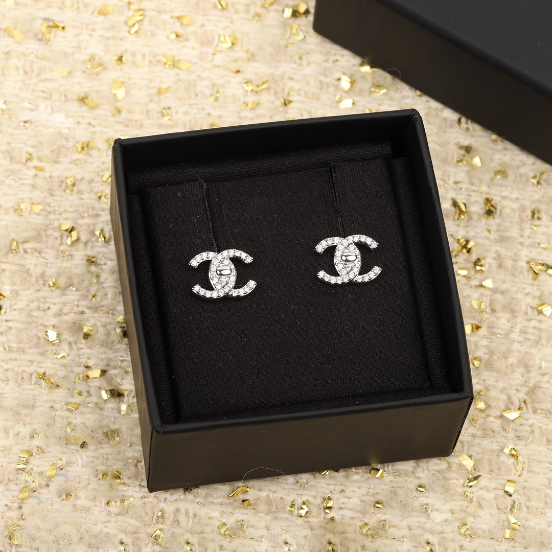 Chanel Double C Small Silver Diamond Earrings